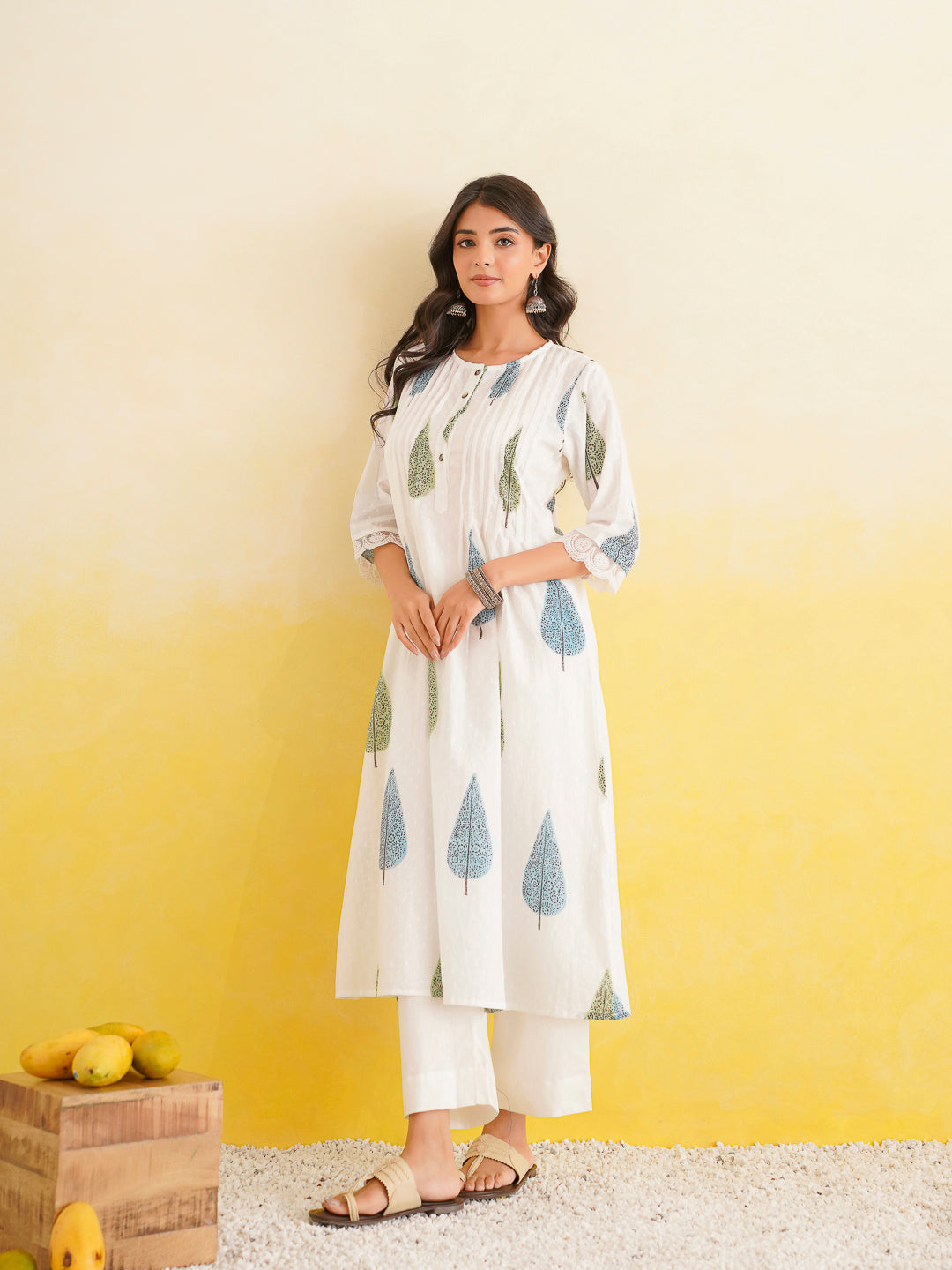 Block Printed A-Line Cotton Kurta Pant Ghazal Set White-Patti