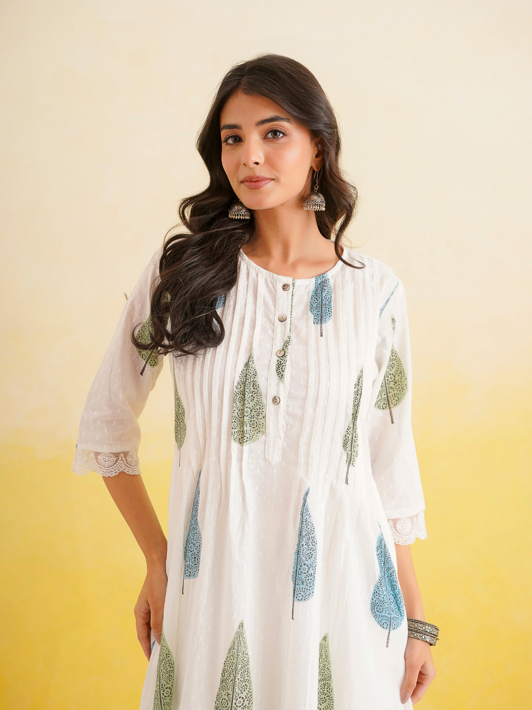 Block Printed A-Line Cotton Kurta Pant Ghazal Set White-Patti