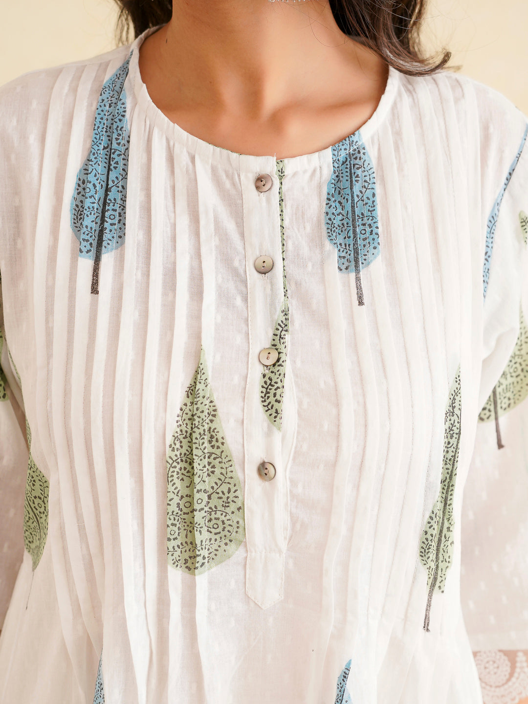 Block Printed A-Line Cotton Kurta Pant Ghazal Set White-Patti