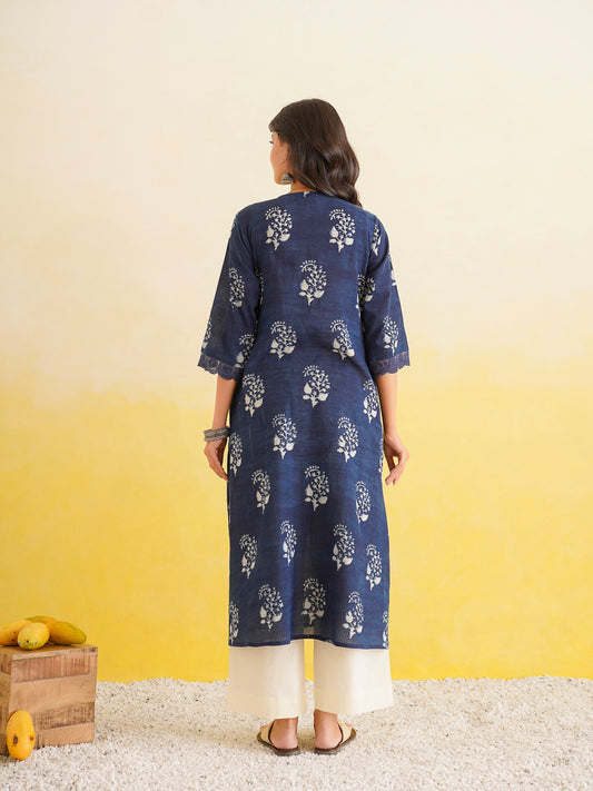 Block Printed A-Line Cotton Kurta Pant Ghazal Set Indigo