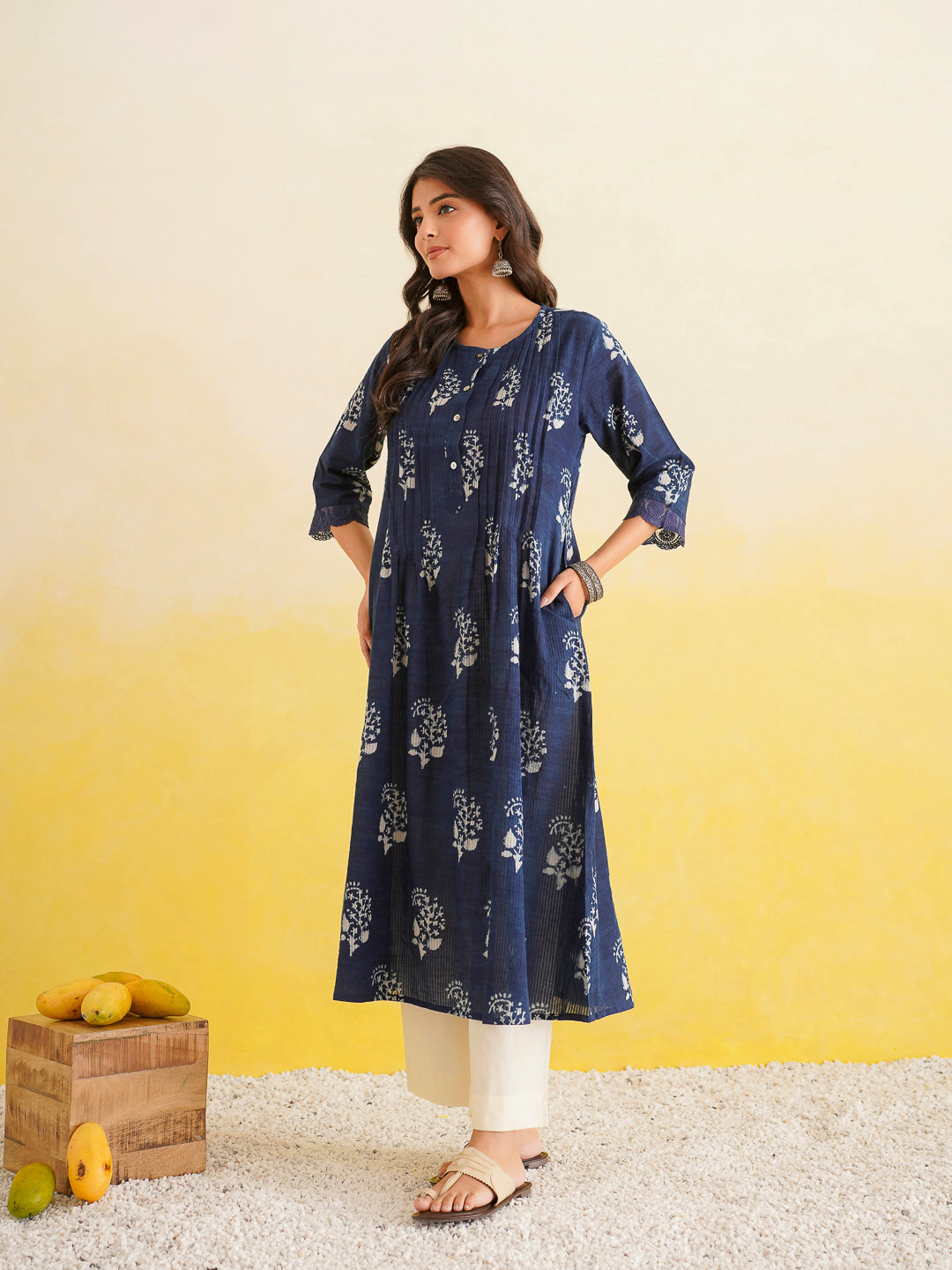Block Printed A-Line Cotton Kurta Pant Ghazal Set Indigo