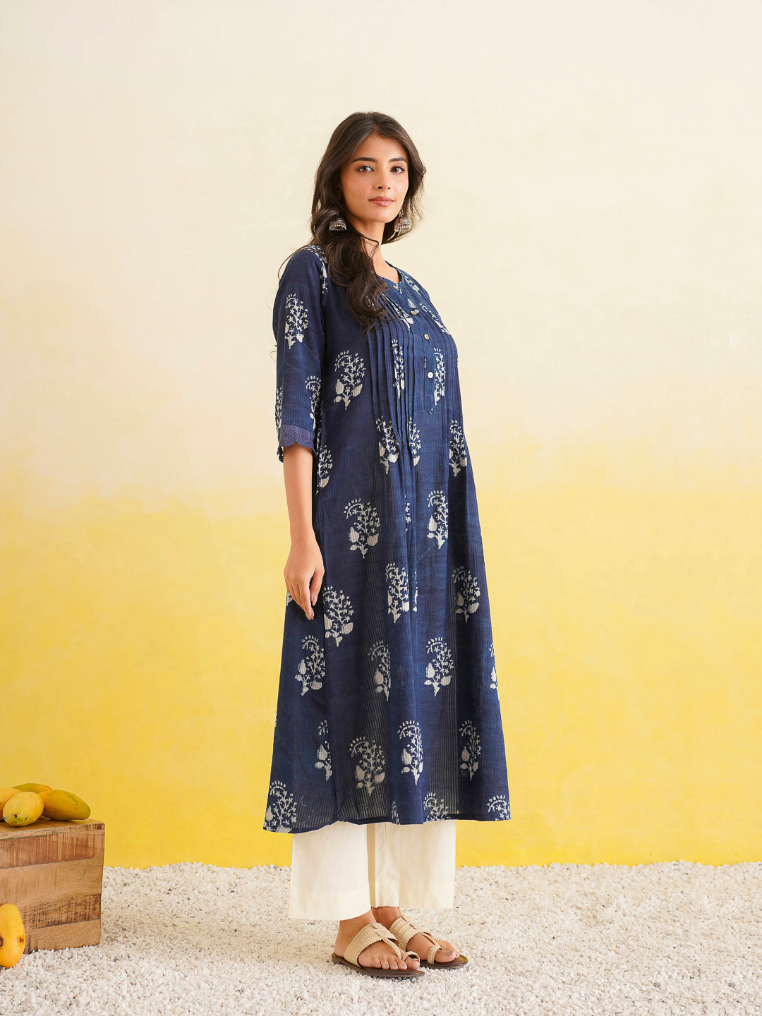 Block Printed A-Line Cotton Kurta Pant Ghazal Set Indigo