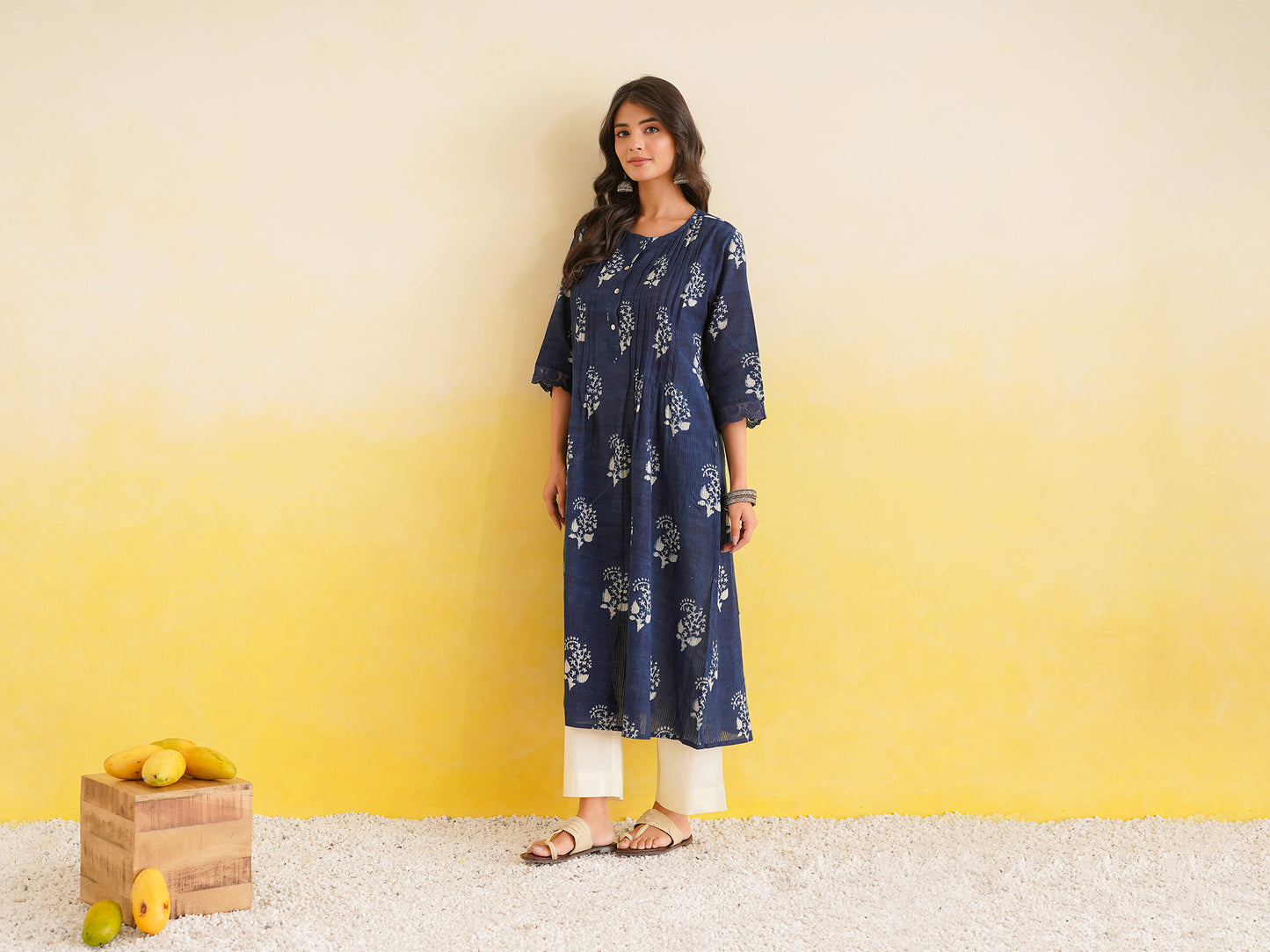 Block Printed A-Line Cotton Kurta Pant Ghazal Set Indigo