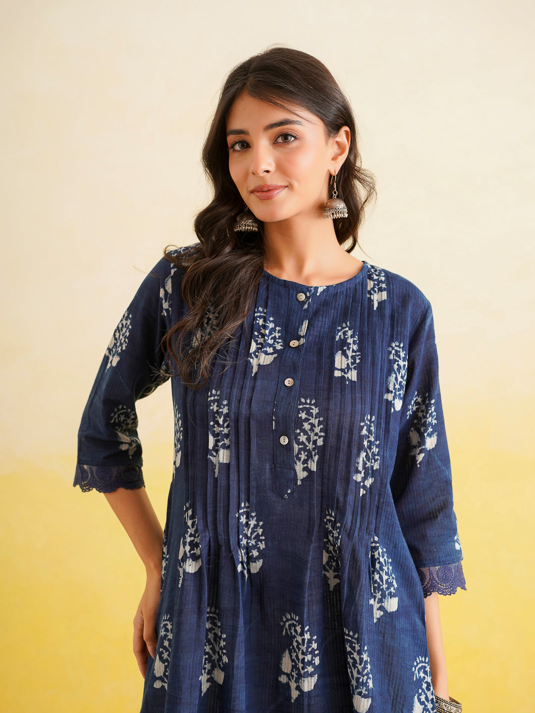 Block Printed A-Line Cotton Kurta Pant Ghazal Set Indigo