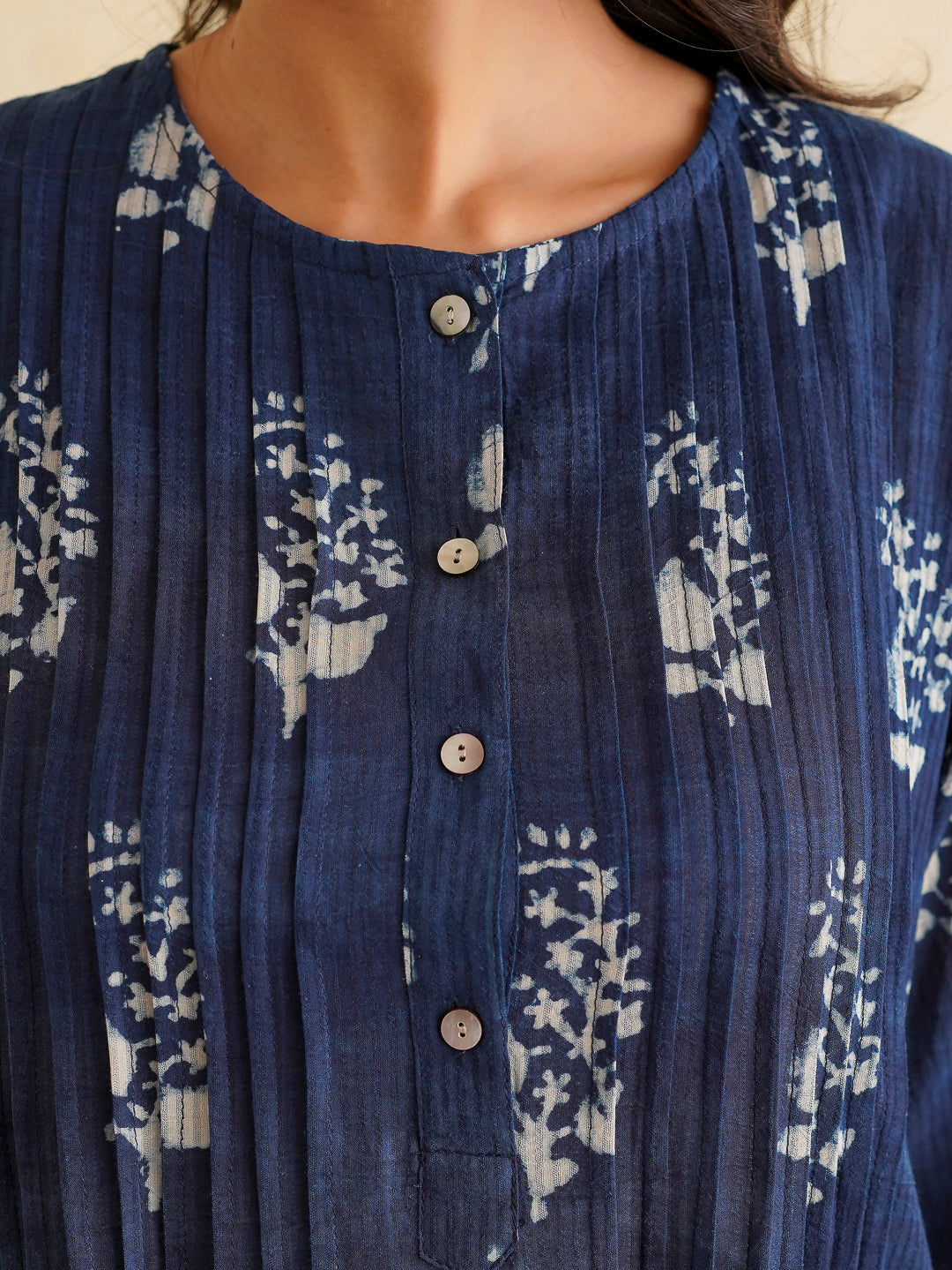 Block Printed A-Line Cotton Kurta Pant Ghazal Set Indigo