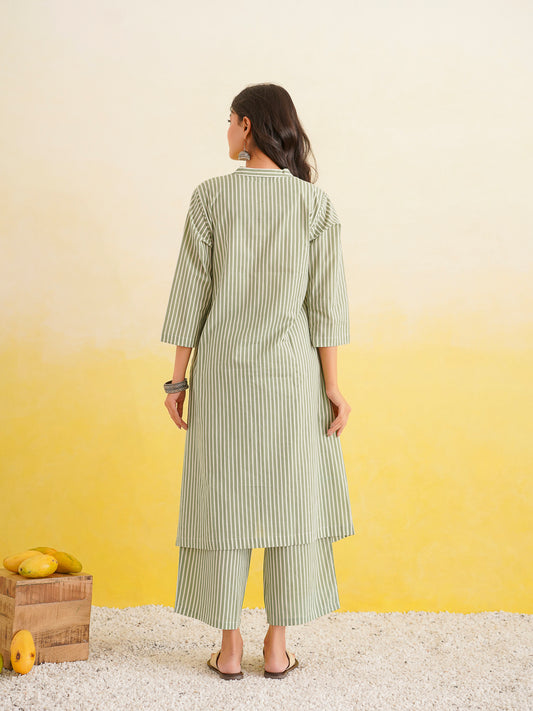 Printed A-Line Cotton Kurta Pant Set Green