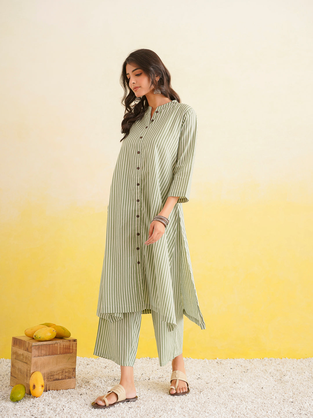 Printed A-Line Cotton Kurta Pant Set Green