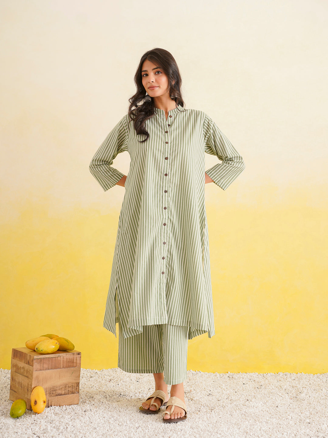 Printed A-Line Cotton Kurta Pant Set Green