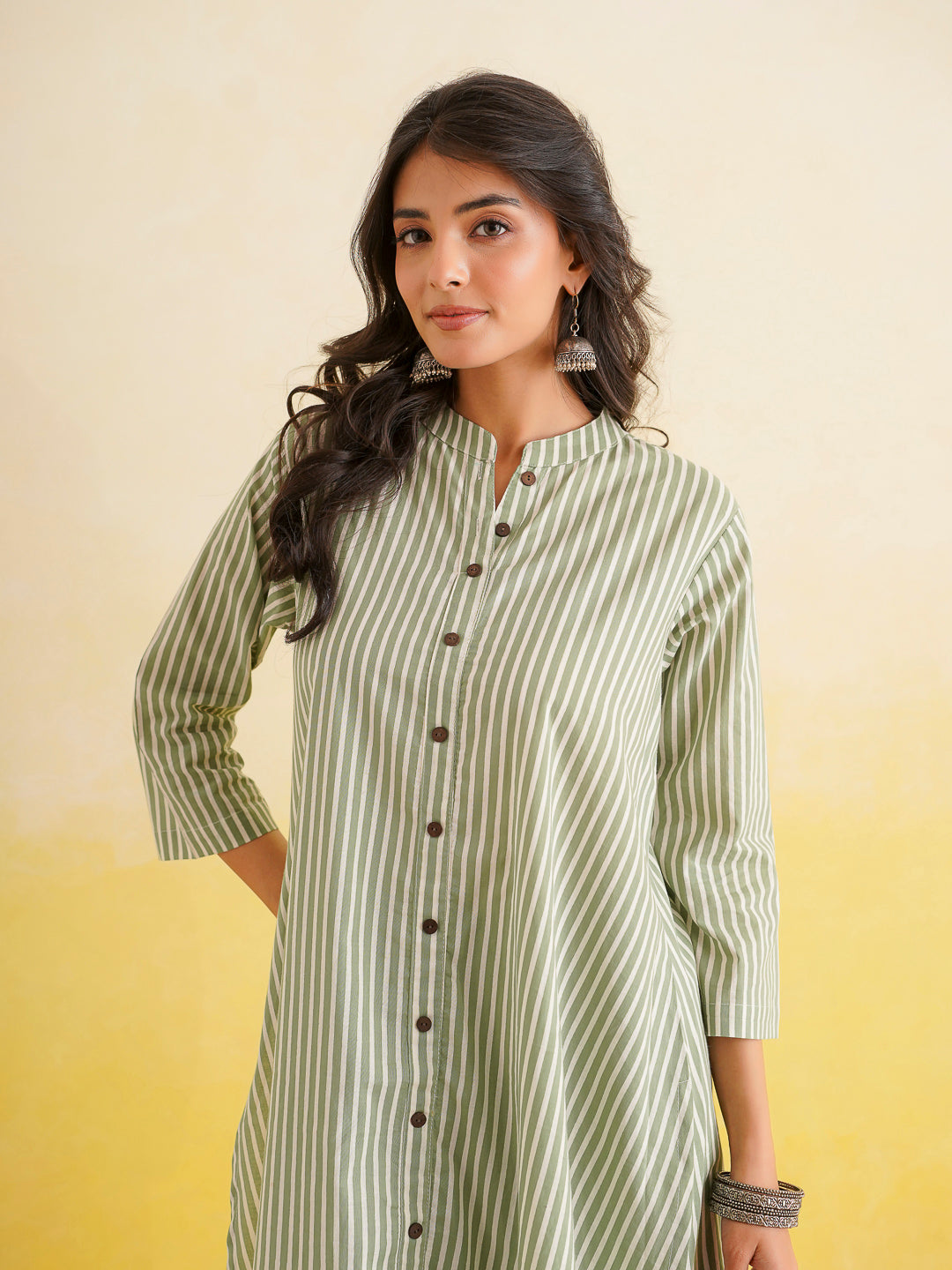 Printed A-Line Cotton Kurta Pant Set Green