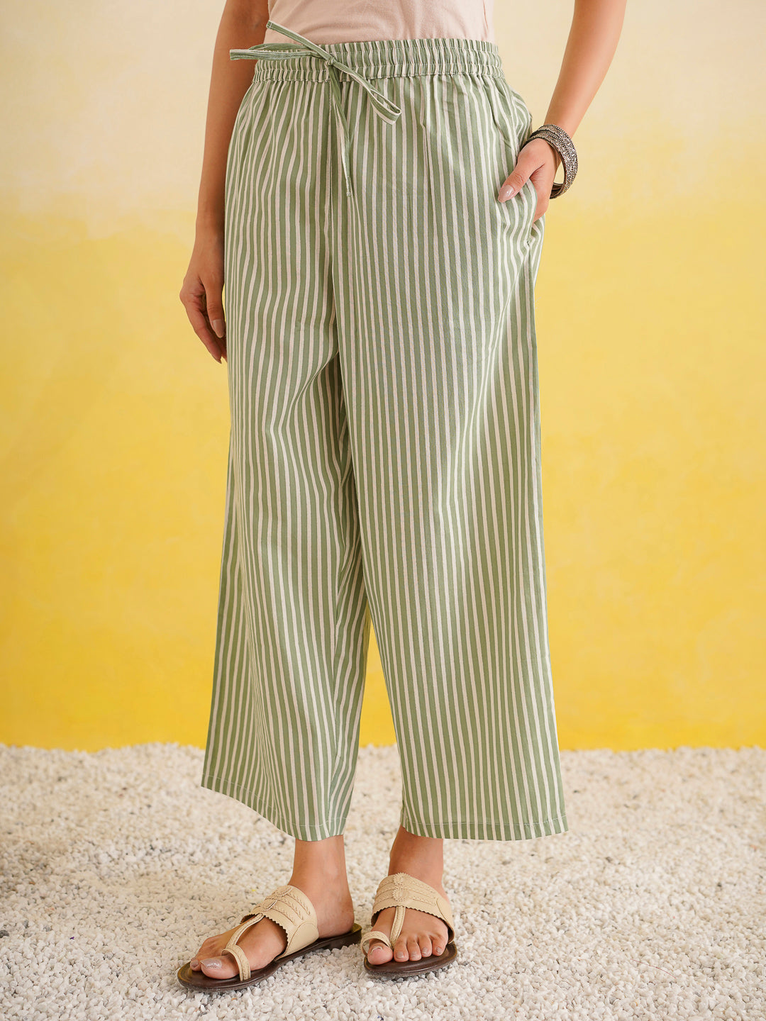 Printed A-Line Cotton Kurta Pant Set Green