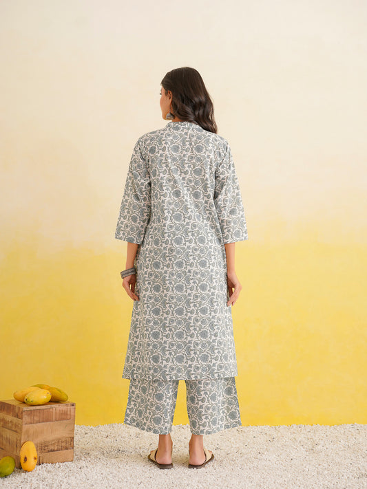 Printed A-Line Cotton Kurta Pant Set Grey