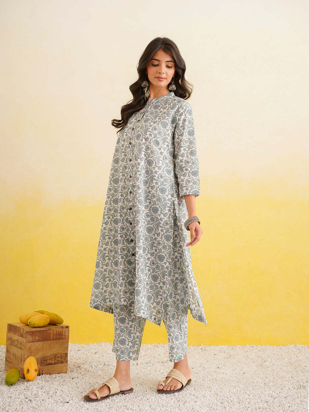 Printed A-Line Cotton Kurta Pant Set Grey
