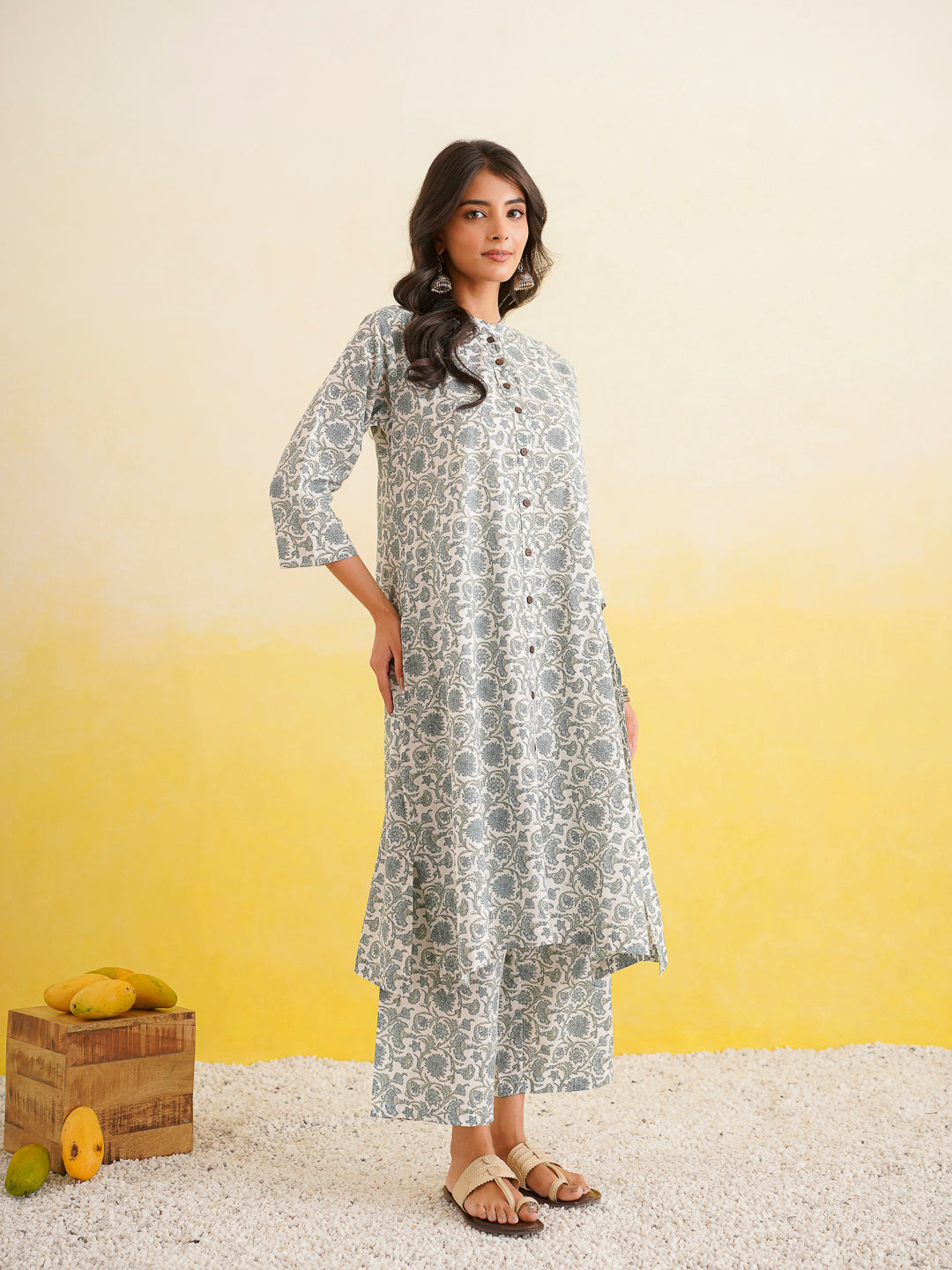 Printed A-Line Cotton Kurta Pant Set Grey