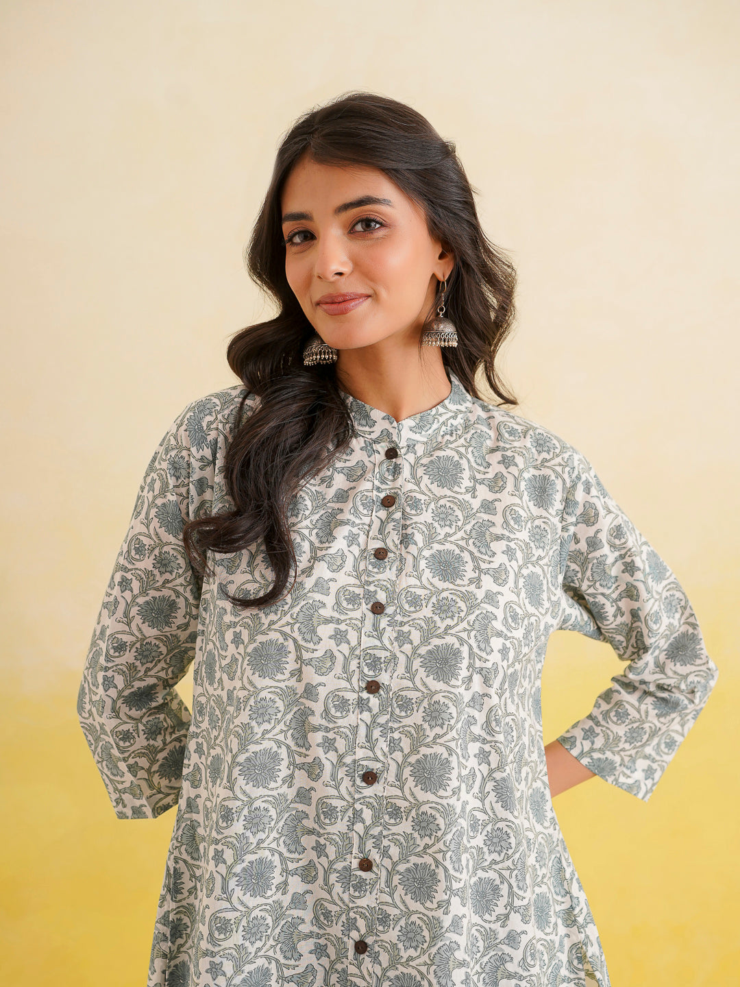 Printed A-Line Cotton Kurta Pant Set Grey