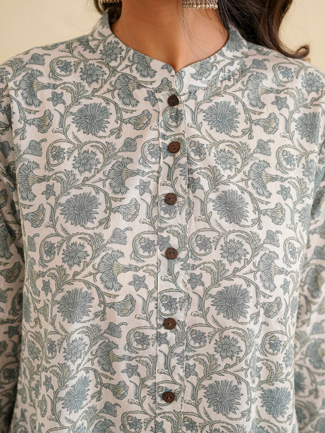 Printed A-Line Cotton Kurta Pant Set Grey