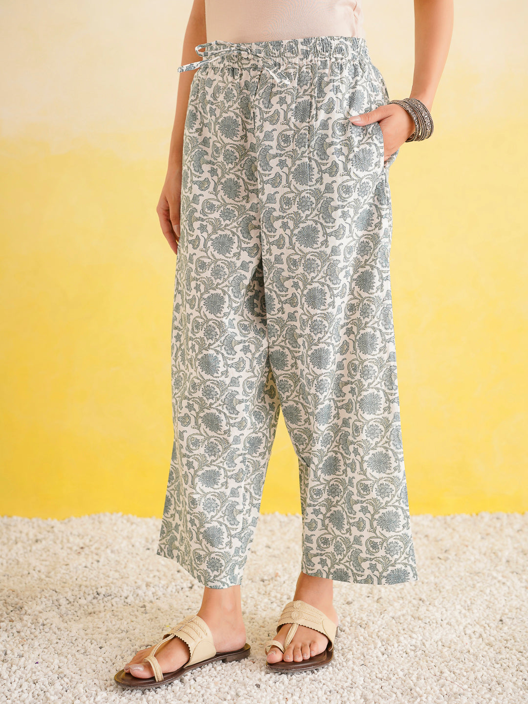 Printed A-Line Cotton Kurta Pant Set Grey