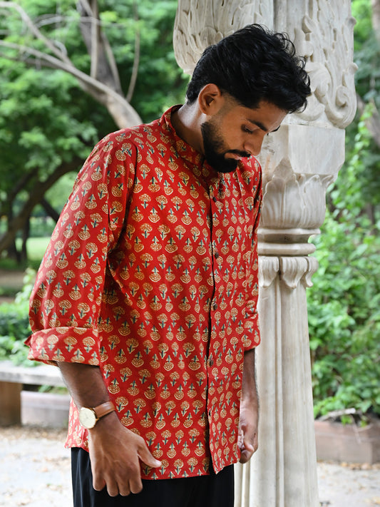 Men's Relaxed Fit Cotton Shirt – Full Sleeves - Red Booty