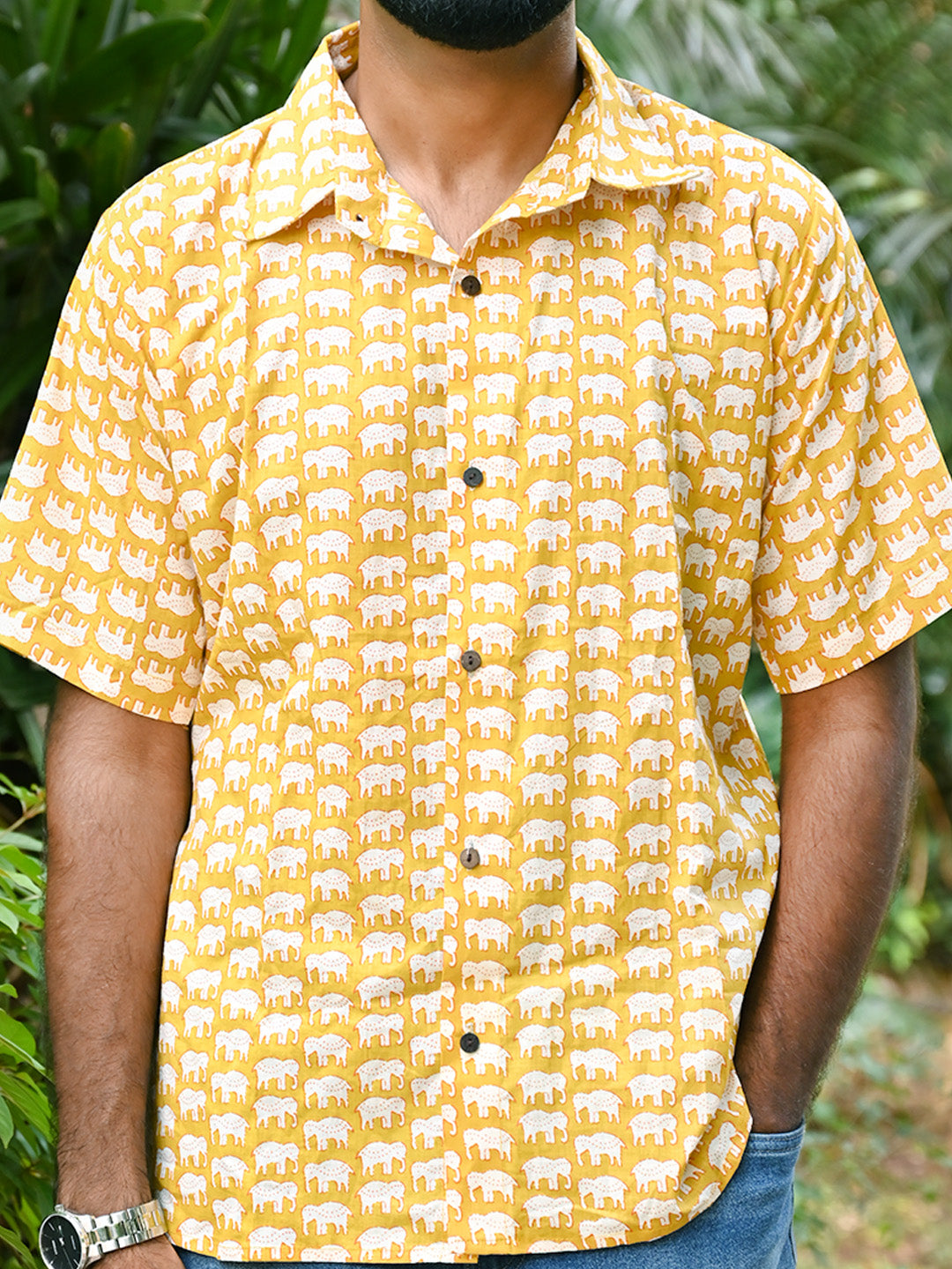 Men's Relaxed Fit Cotton Shirt – Half Sleeves - Yellow Elephant