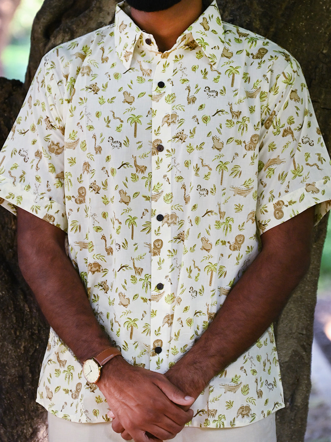 Men's Relaxed Fit Cotton Shirt โ Half Sleeves - White Zoo