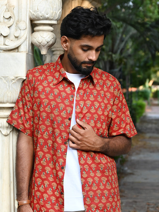 Men's Relaxed Fit Cotton Shirt – Half Sleeves - Red Booty