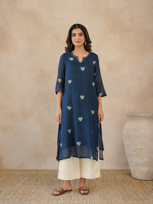 Cotton Printed Kantha Style Set For Women Indigo Heart