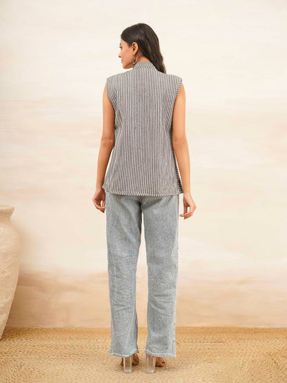 Cotton Printed Sleeveless Quilted Jacket Grey