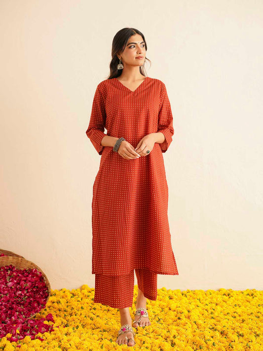 Cotton Printed V-Neck Style Set For Women Red