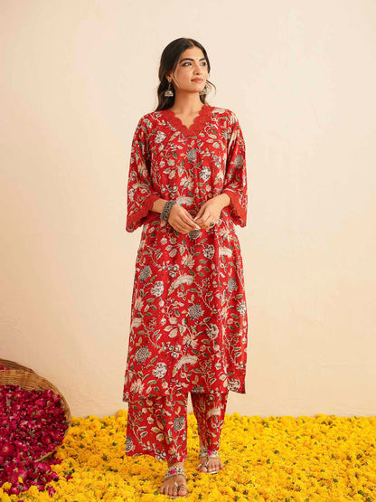 Block Printed Cotton Kurta Pant Bagiya Set Red Jaal