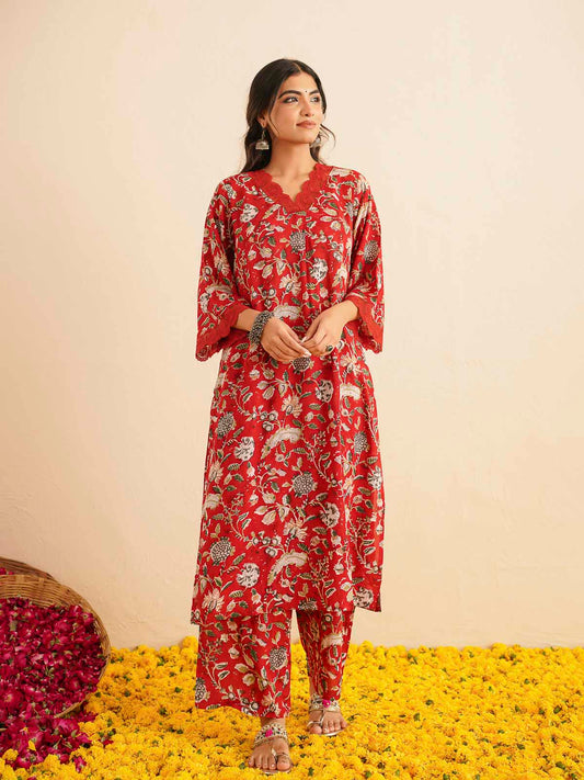 Block Printed Cotton Kurta Pant Bagiya Set Red Jaal