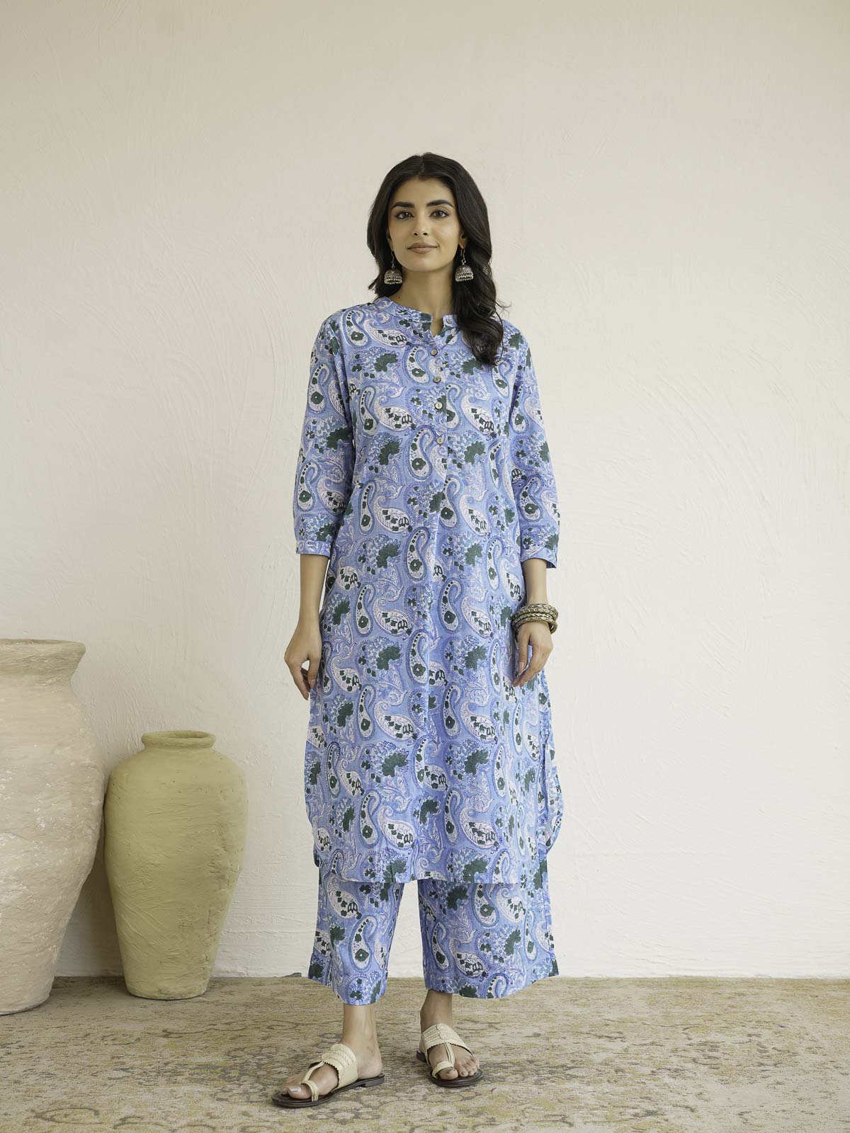 Women Ethnic Motifs Printed Cotton Pleat Set Sky Blue