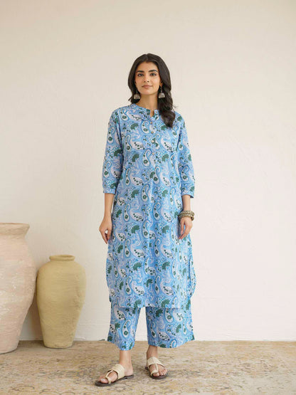 Women Ethnic Motifs Printed Cotton Pleat Set Sky Blue