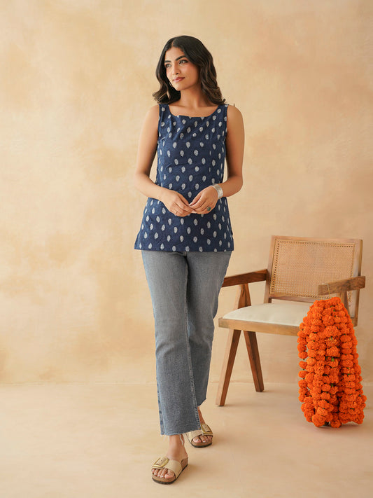 Cotton Printed Stylish Backless Tie-up Kurti Indigo
