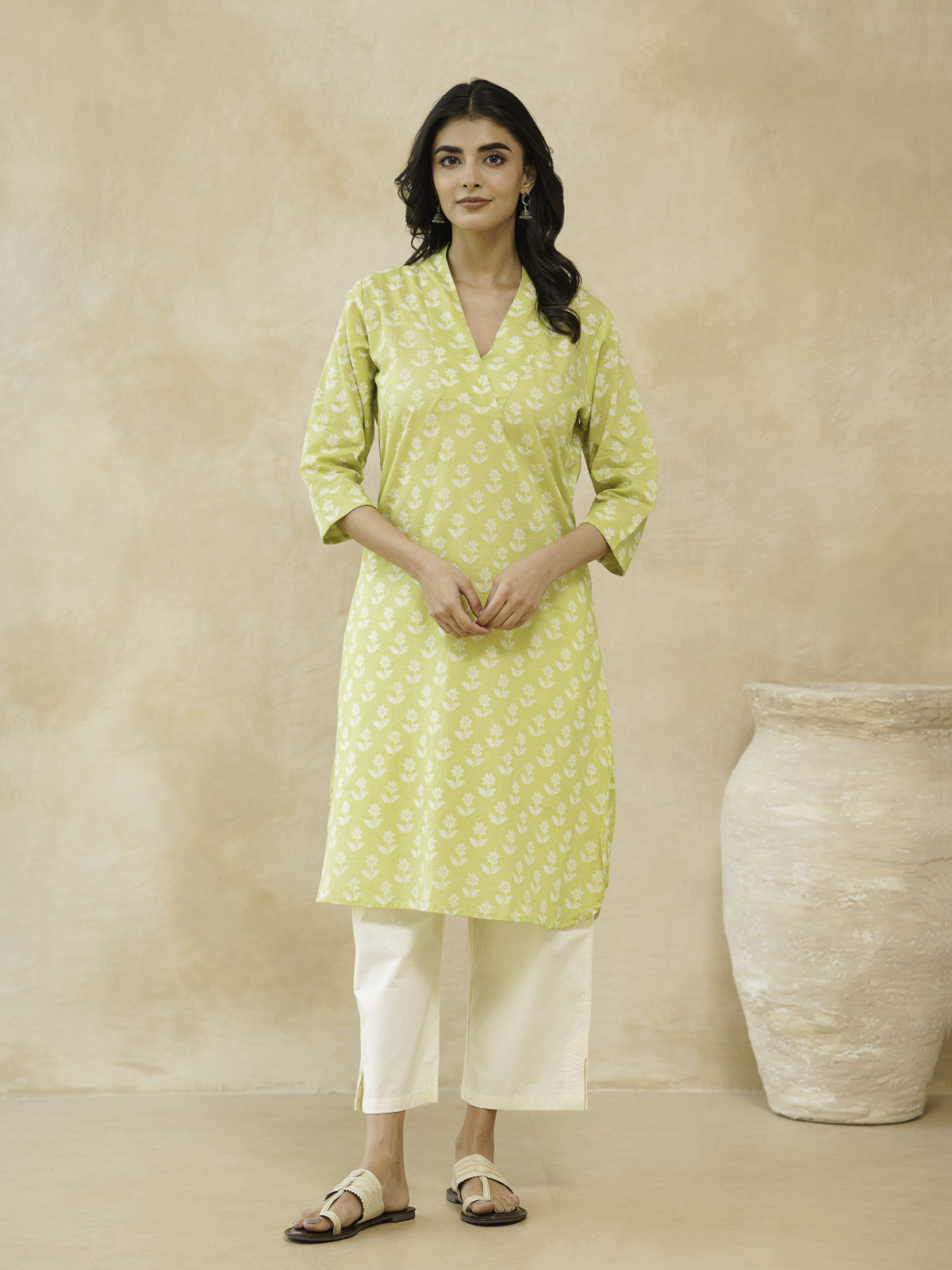 Cotton Printed Straight Kurta Yellow