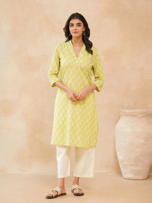 Cotton Printed Straight Kurta Yellow