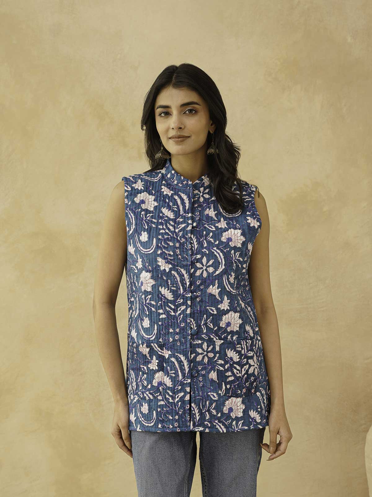 Cotton Printed Sleeveless Quilted Jacket Blue Jaal