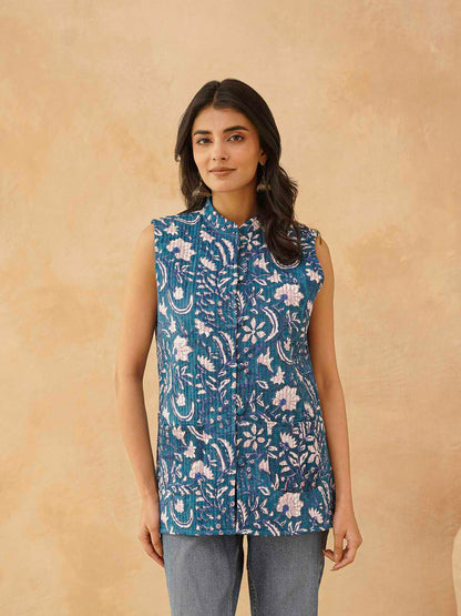 Cotton Printed Sleeveless Quilted Jacket Blue Jaal