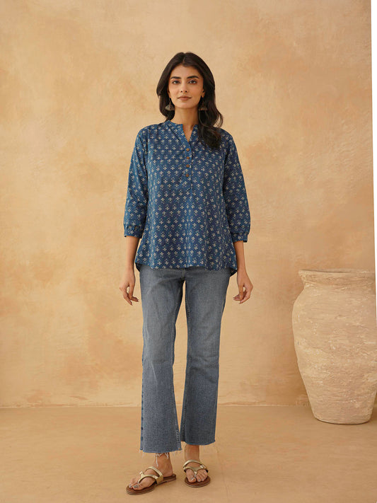 Cotton Printed Everyday Tunic Top For Women Blue Booty