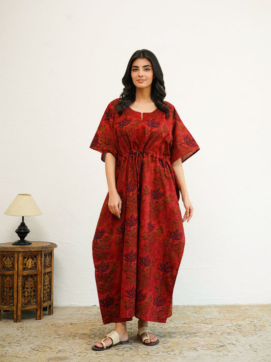 Block-Printed Cotton Long Kaftan Red