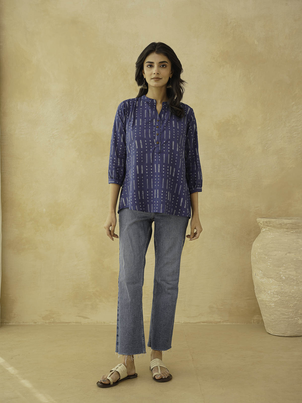 Cotton Printed Everyday Tunic Top For Women Blue Line