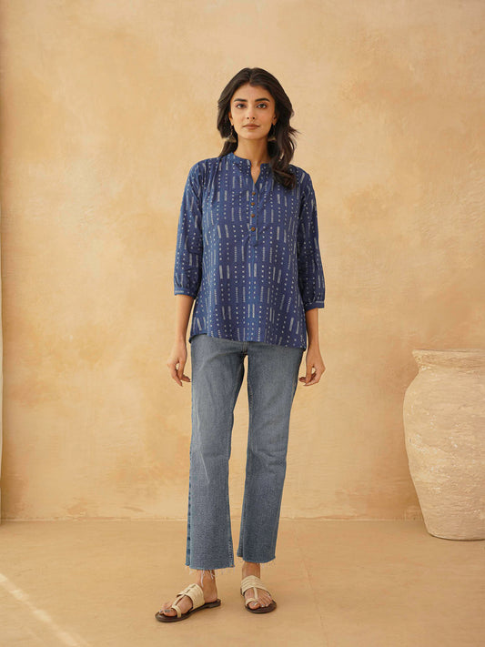 Cotton Printed Everyday Tunic Top For Women Blue Line