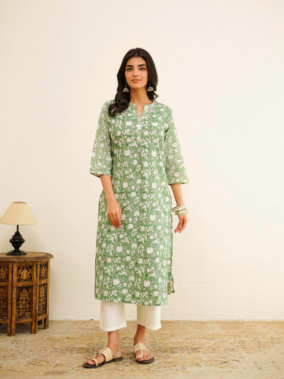 Cotton Pleat Kurta For Women Green