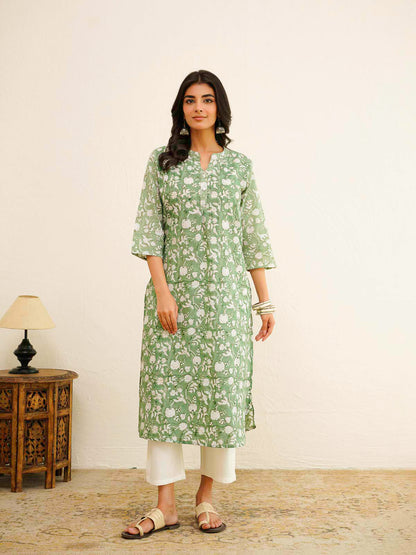 Cotton Pleat Kurta For Women Green