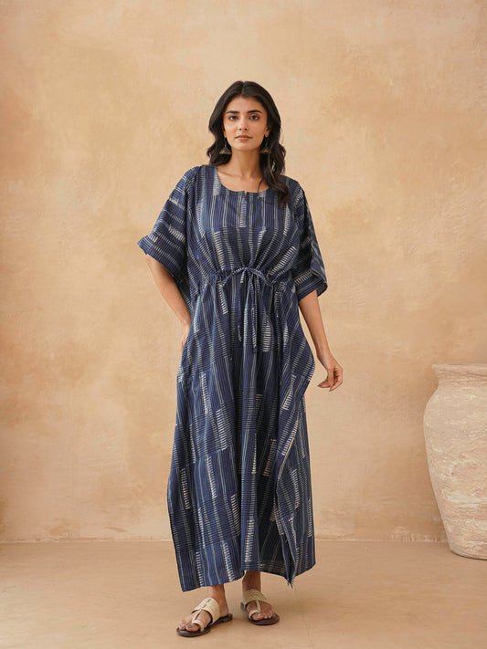 Block-Printed Cotton Long Kaftan Indio Straip