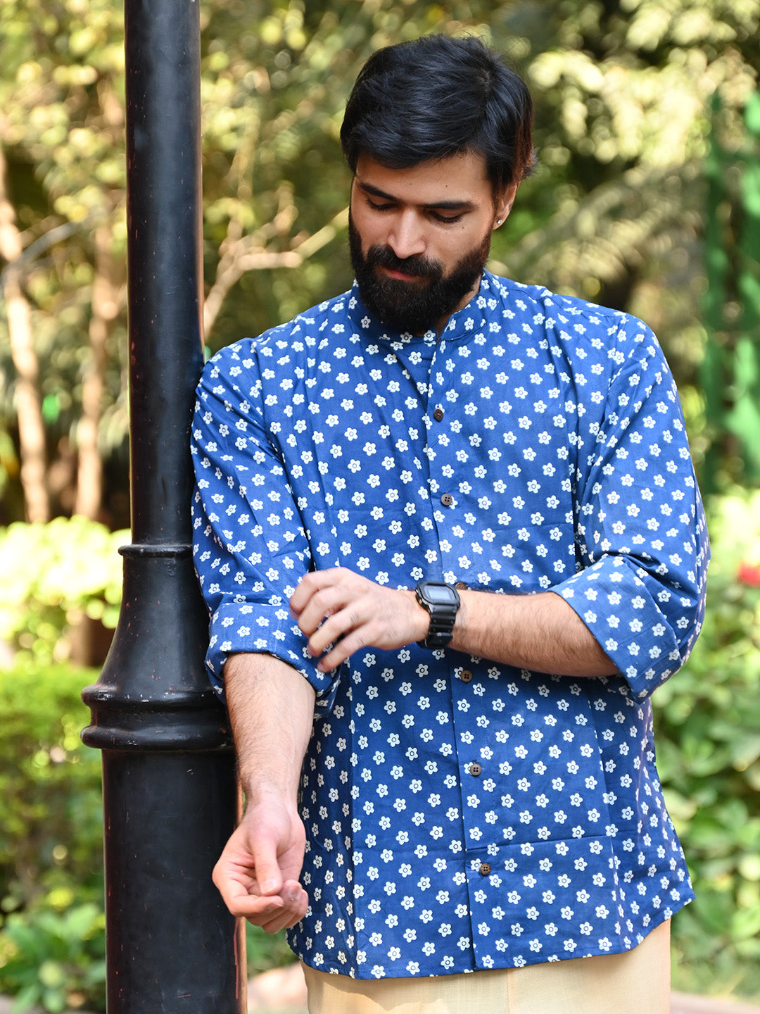 Men's Relaxed Fit Cotton Shirt – Full Sleeves - Blue Flower