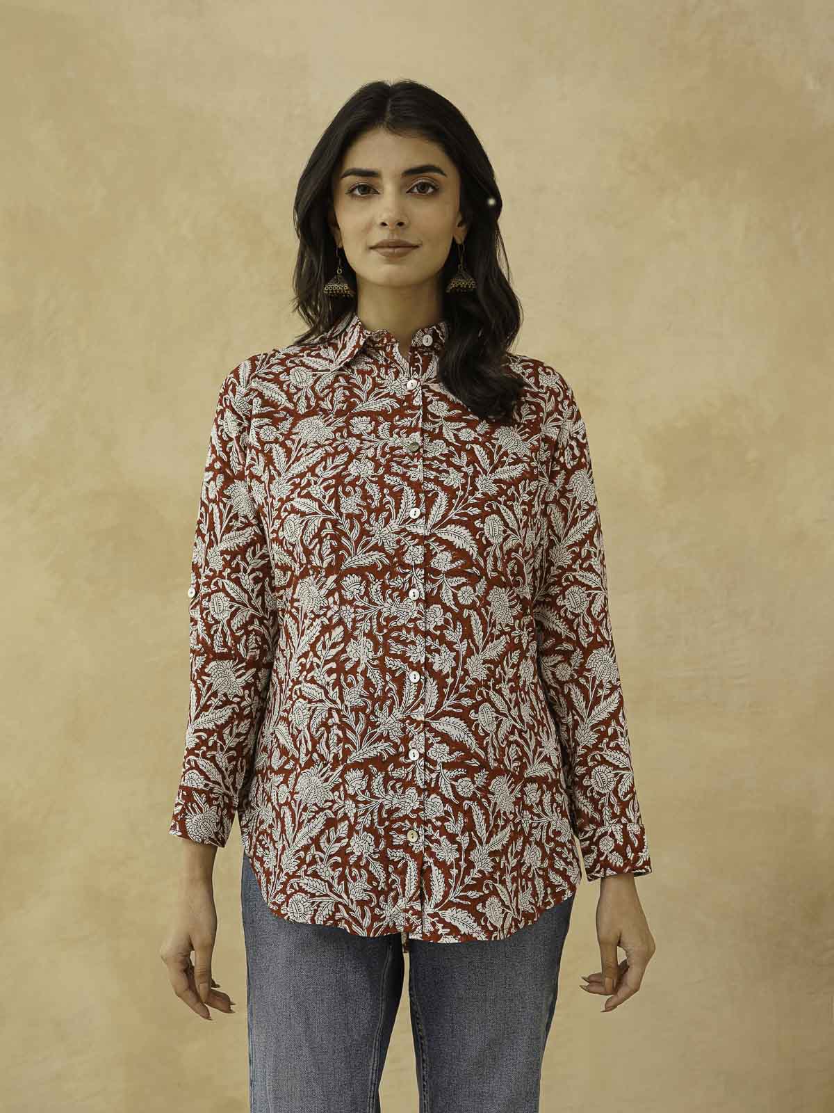 Block Printed Cotton Meher Shirt Red Jaal