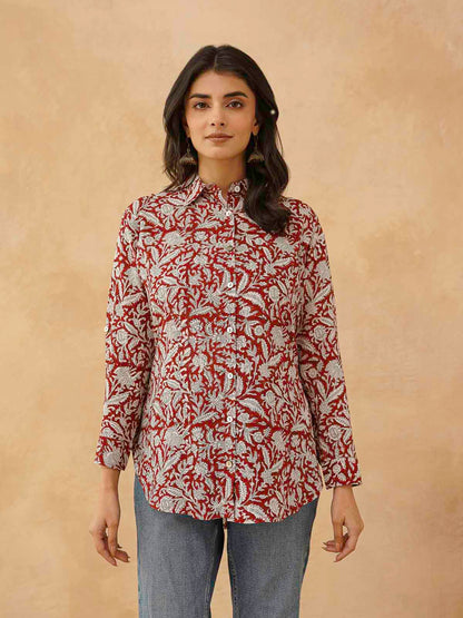 Block Printed Cotton Meher Shirt Red Jaal