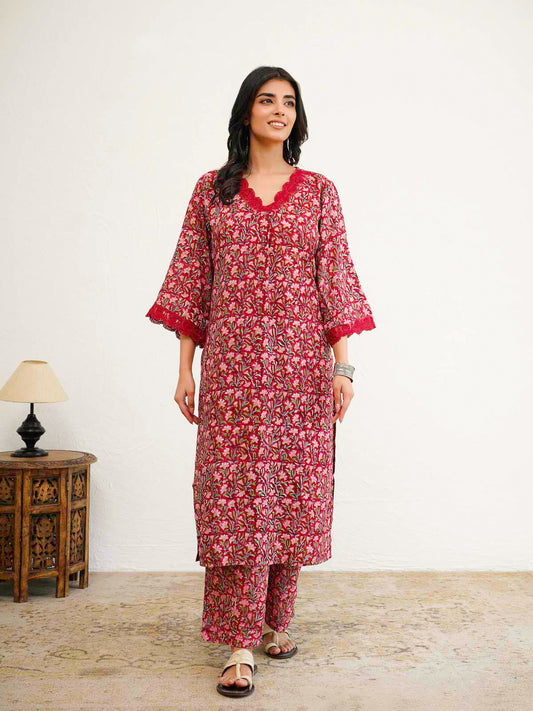 Block Printed Cotton Kurta Pant Bagiya Set Red Patti