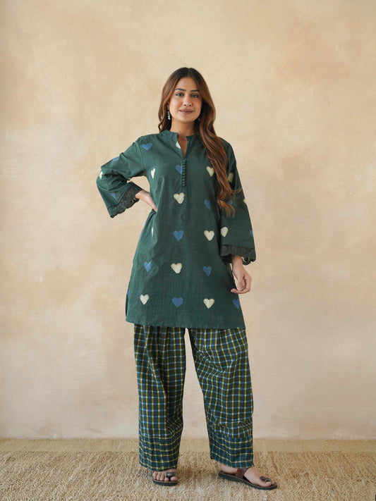 Farshi Set Relaxed Fit Kurta & Pants Set Green Heart