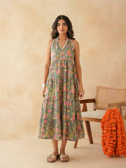 Tiered Halter Neck Dress Green Jaal