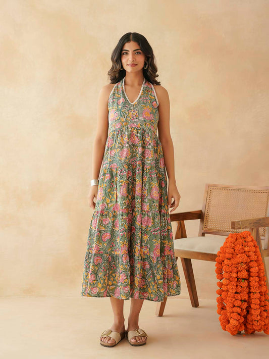 Tiered Halter Neck Dress Green Jaal